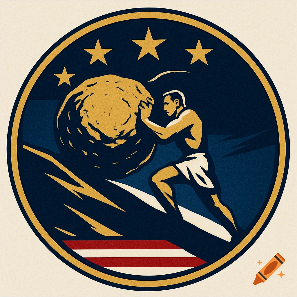 A stylized gold and blue logo depicting Sisyphus pushing a large boulder up a hill, with stars and red and white stripes.