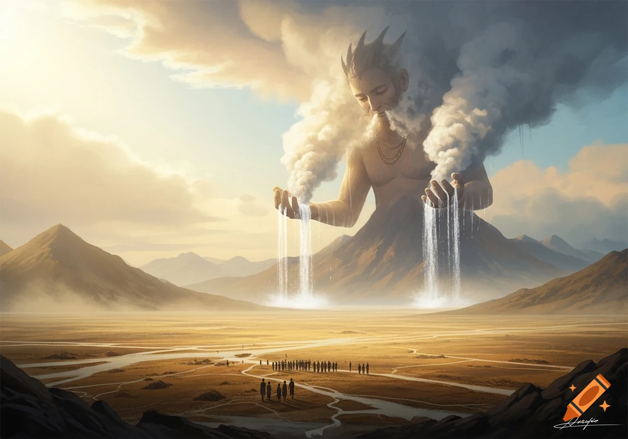 A colossal mountain giant with a human torso creates waterfalls from its hands and clouds from its shoulders over a vast desert landscape.