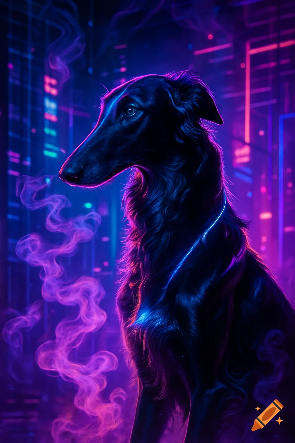 A black Borzoi dog with blue and pink neon highlights against a futuristic cyberpunk city background with purple smoke.