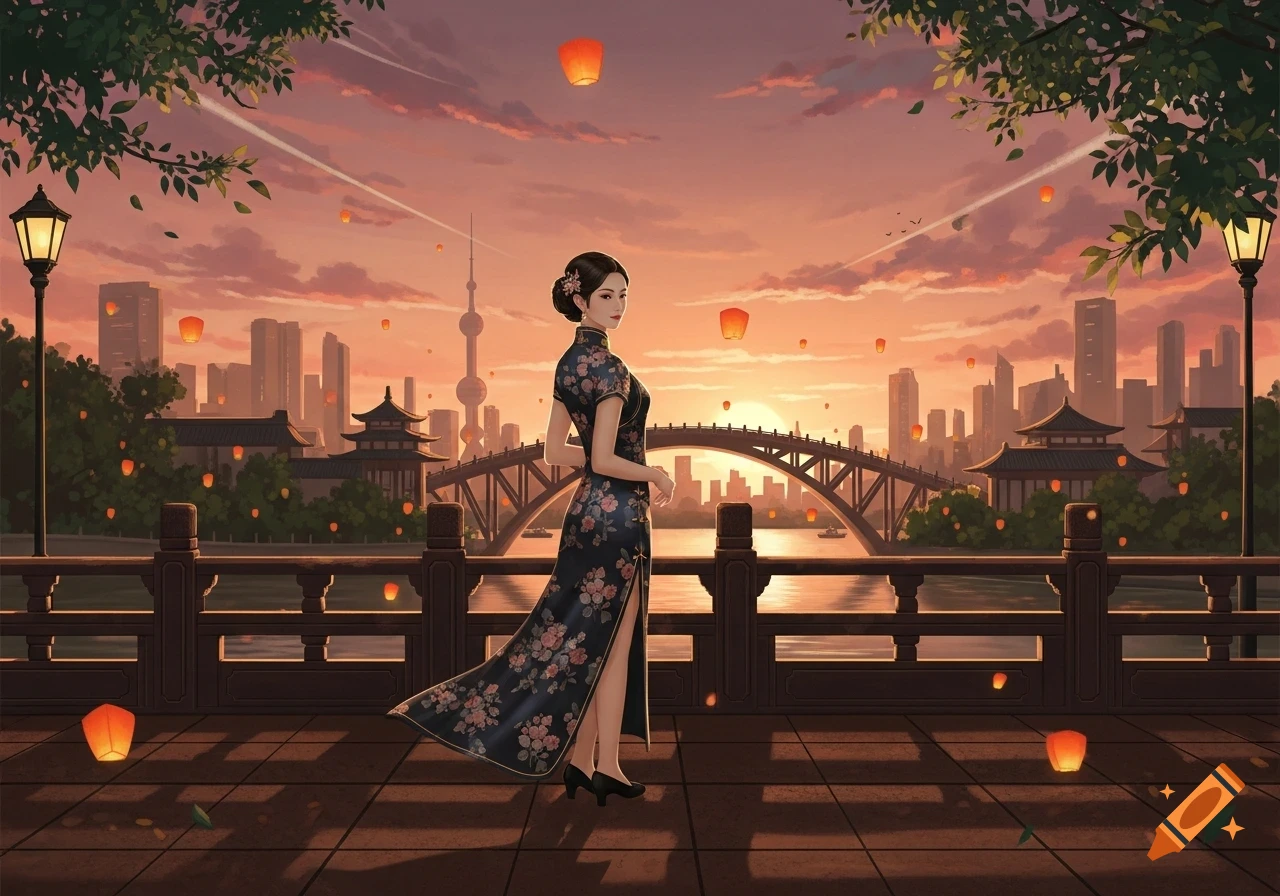 An illustrated Chinese woman in a floral cheongsam stands on a promenade with a city skyline at sunset, illuminated by sky lanterns.
