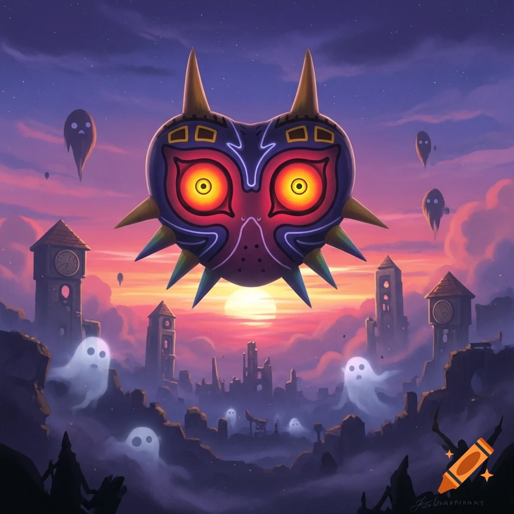 Majora's Mask floats over a haunted city at twilight, surrounded by ghosts, in a stylized digital painting.