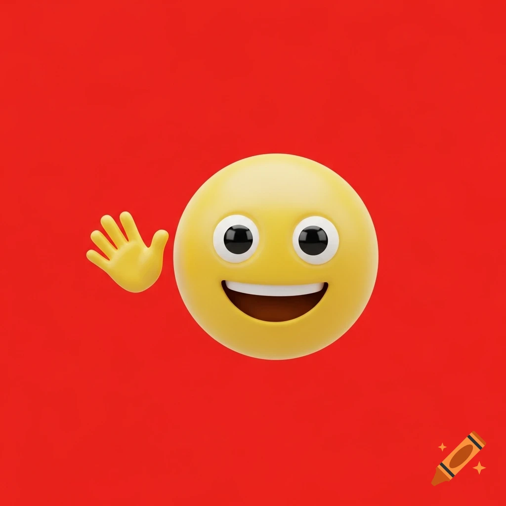 A happy yellow 3D emoji face with big eyes and a wide smile waves a hand against a red background.