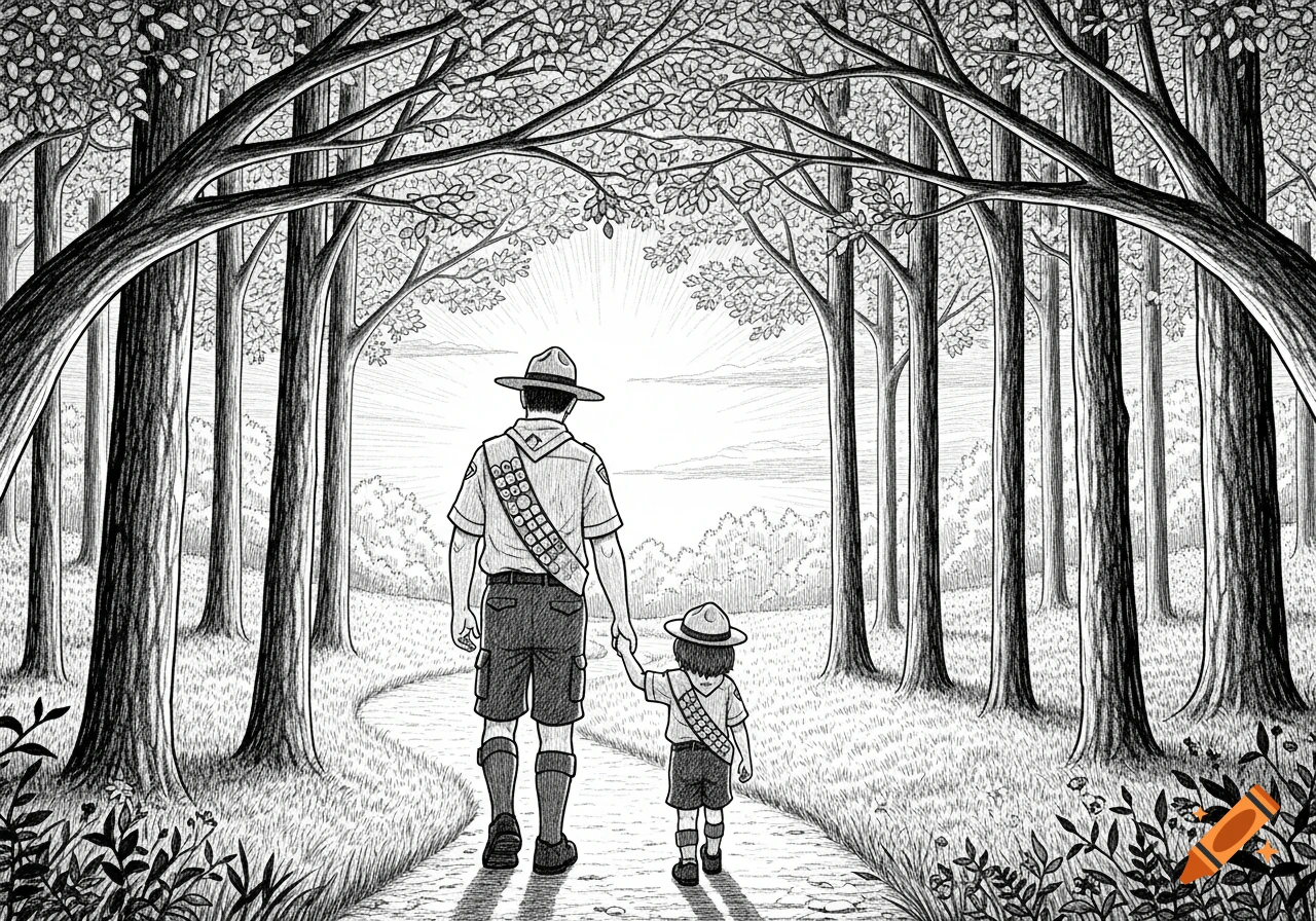 Black and white drawing of a scout chief and a child walking hand-in-hand down a forest path towards a bright light.