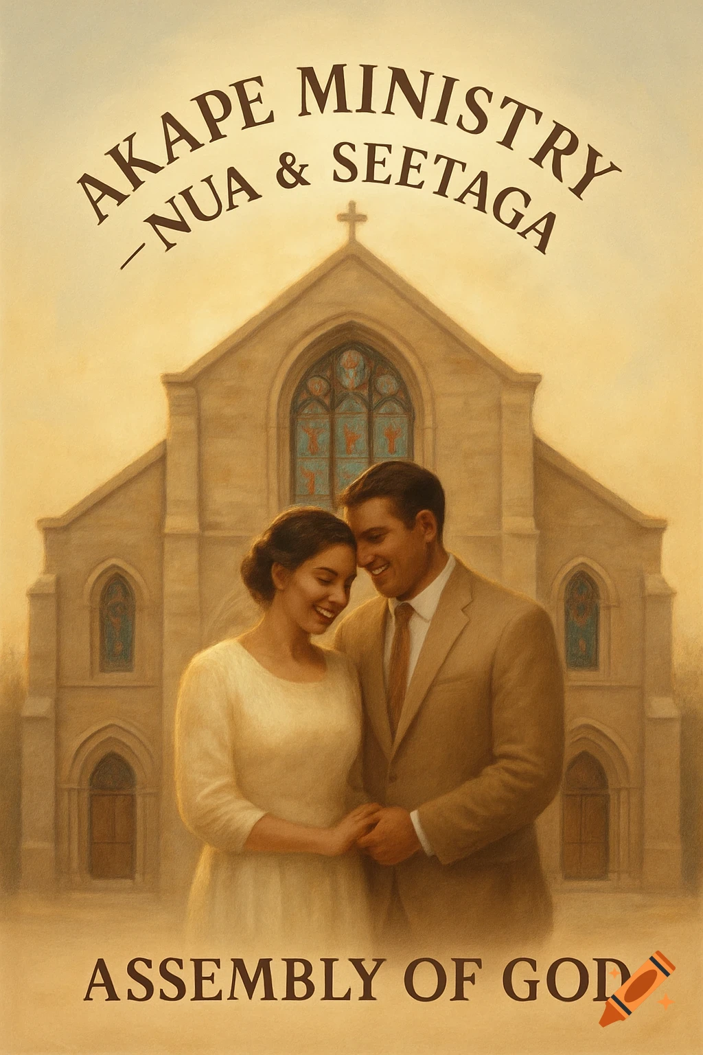 Smiling couple stands in front of a church with 'Akape Ministry' and 'Assembly of God' text, in a warm, painterly style.