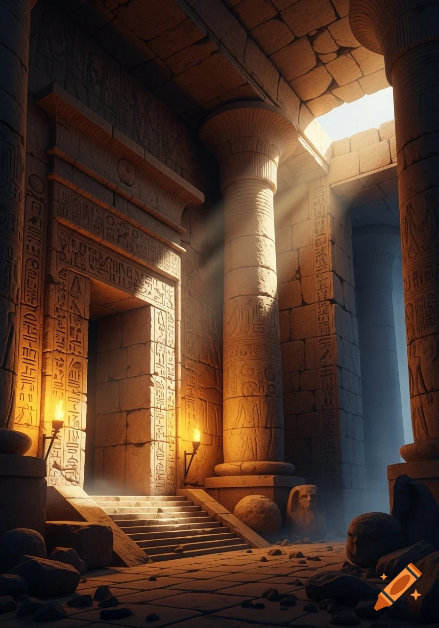 Sunbeams illuminate the interior of an ancient Egyptian stone temple with hieroglyph-carved columns and walls, leading to a shadowy doorway.