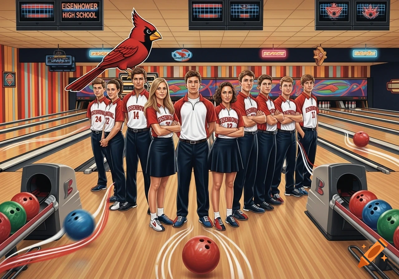An illustration of the Eisenhower High School bowling team, consisting of nine students in red and white uniforms, posing in a bowling alley with their cardinal mascot above them. Bowling balls are in motion on the lanes.