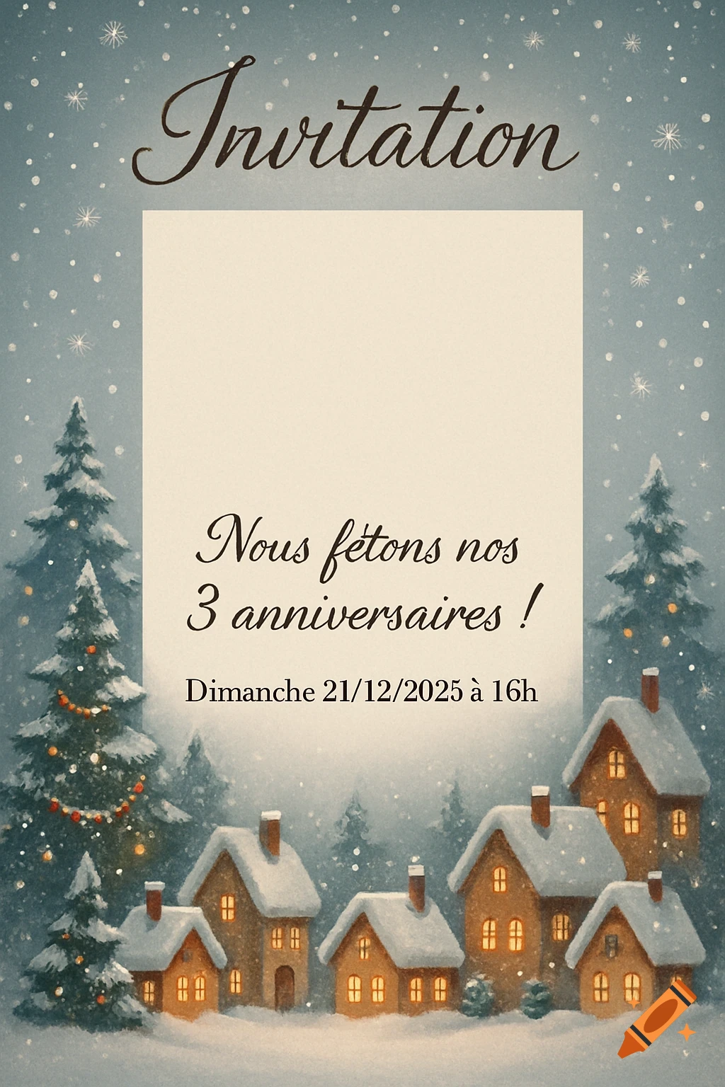 Christmas invitation card with a snowy village scene, featuring glowing houses, pine trees, falling snow, and festive French text.
