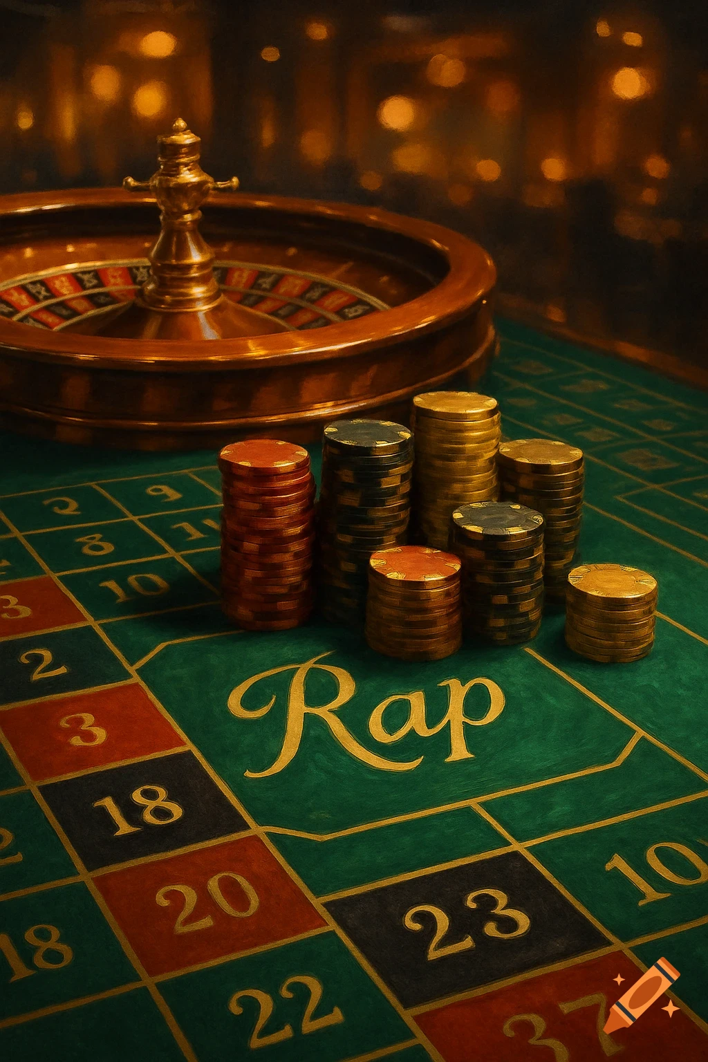 A stylized view of a roulette table with stacks of casino chips on the green felt, which has the word "Rap" and numbers written on it. A golden roulette wheel is in the background.