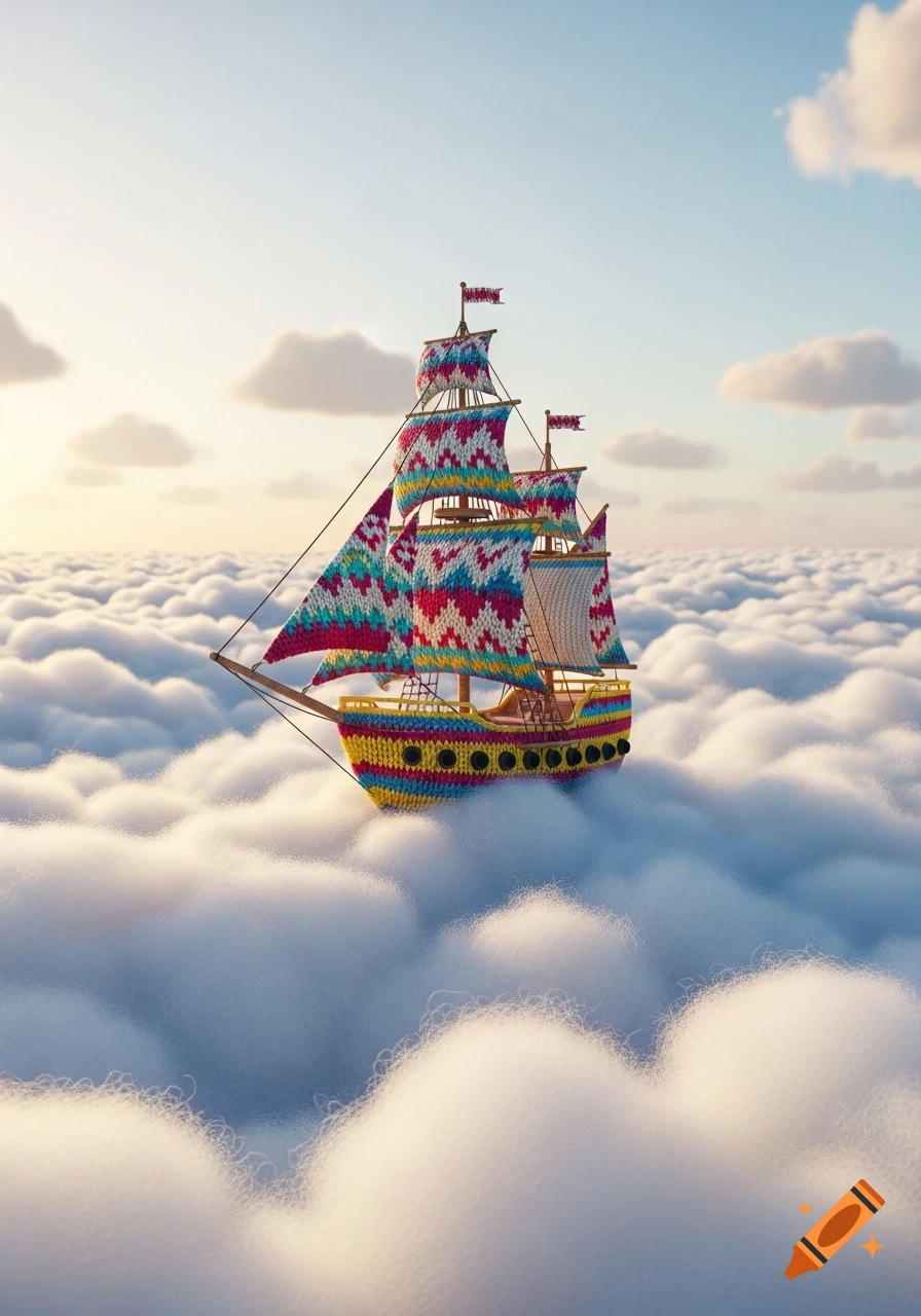 A colorful knitted ship with patterned sails floats above a vast sea of fluffy white clouds at sunset.