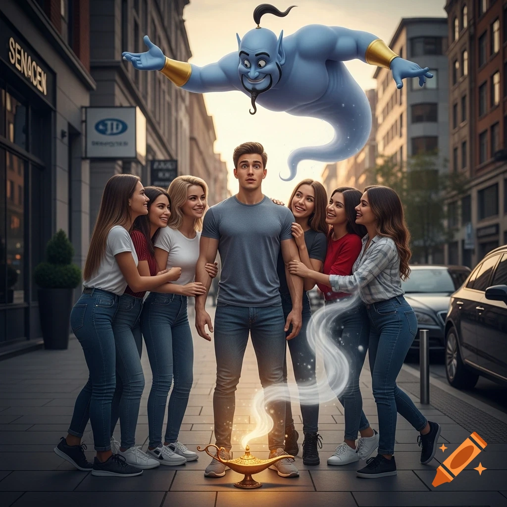 A surprised young man on an urban street is surrounded by six smiling women, all holding onto him. Above them, a blue genie floats, emerging from a magic lamp on the ground. Photorealistic.