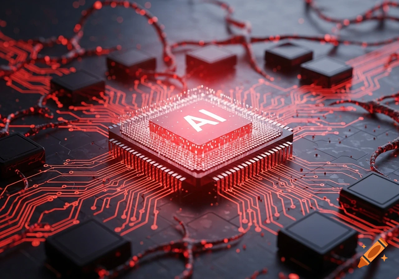 Close-up of a glowing red AI chip on a dark circuit board with intricate red illuminated pathways and components.