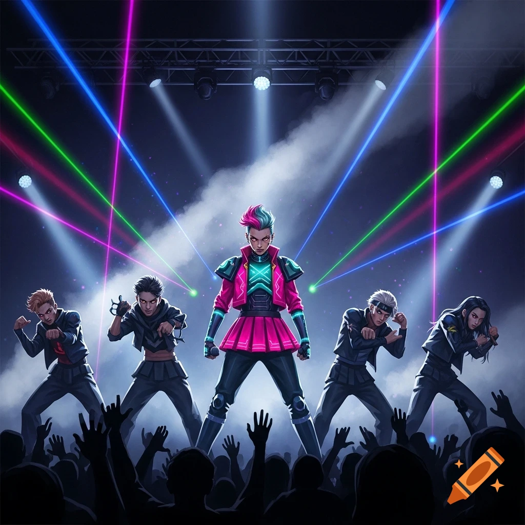 Anime-style K-pop group performs on stage under vibrant blue, green, and pink laser lights, cheered by a silhouetted audience.