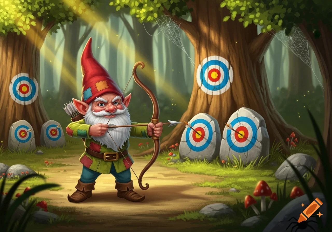 A cartoonish gnome in a red hat and patched clothing aims a bow and arrow at multiple targets in a sunlit forest.