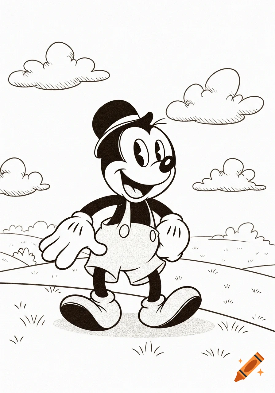 Black and white cartoon drawing of a happy Mickey Mouse-like character in overalls and a top hat, walking in a grassy field with clouds.