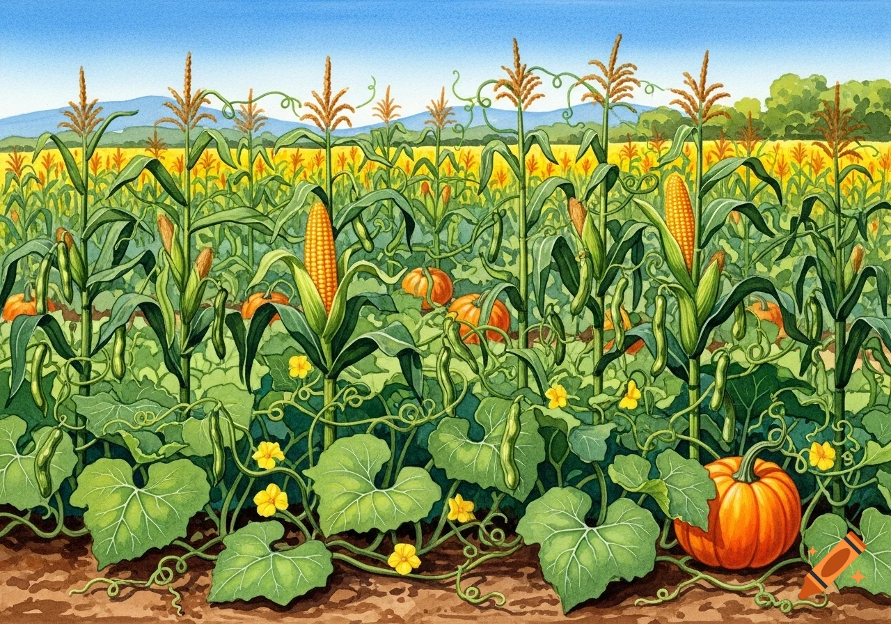 Watercolor of an Otomi milpa field with corn, beans, and pumpkins growing together under a blue sky.