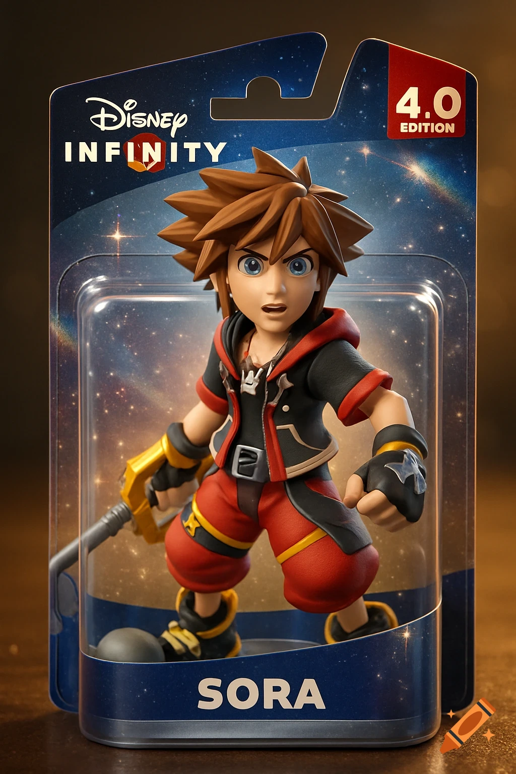 A Disney Infinity 4.0 Sora figure in original packaging, featuring a space-themed background.