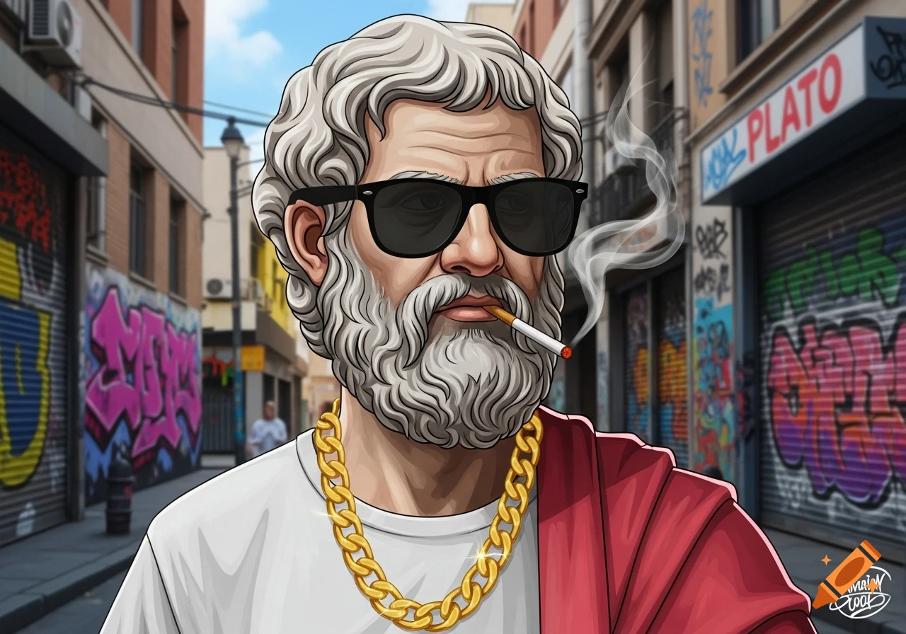 Stylized cartoon illustration of a street-wise Plato wearing sunglasses and a gold chain, smoking a cigarette in a graffiti-covered urban alley.