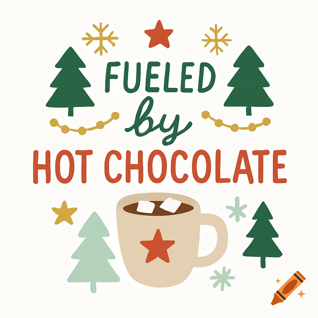 A festive illustration with text 'Fueled by Hot Chocolate', surrounded by green Christmas trees, golden snowflakes, and a mug of hot cocoa.