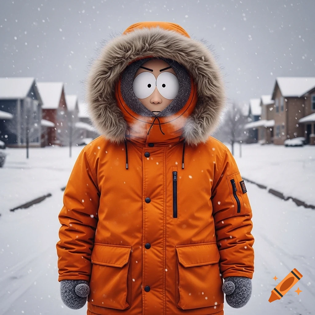 Realistic depiction of Kenny from South Park in an orange parka in a snowy suburban street.
