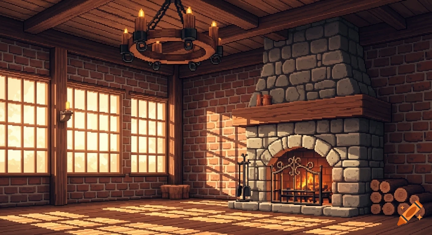 A pixel art interior of a rustic brick cabin with large windows, a stone fireplace, a chandelier, and sunbeams.
