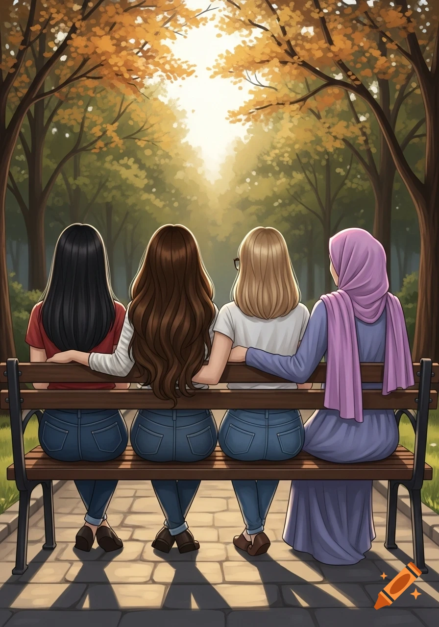 Four girls sit from behind on a park bench, looking into a bright, autumn-colored forest. One wears a hijab, others have long hair.