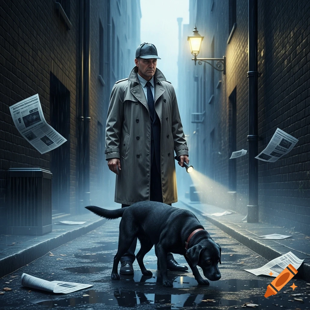 A photorealistic image of a detective in a trench coat and his black Labrador in a dark, rainy urban alley, investigating a scene.