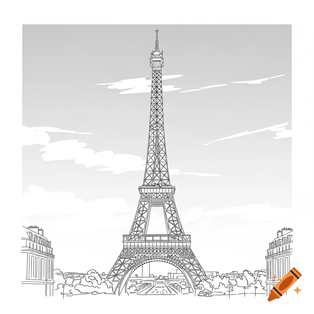 Detailed line art sketch of the Eiffel Tower in Paris against a cloudy sky, with surrounding buildings and trees.