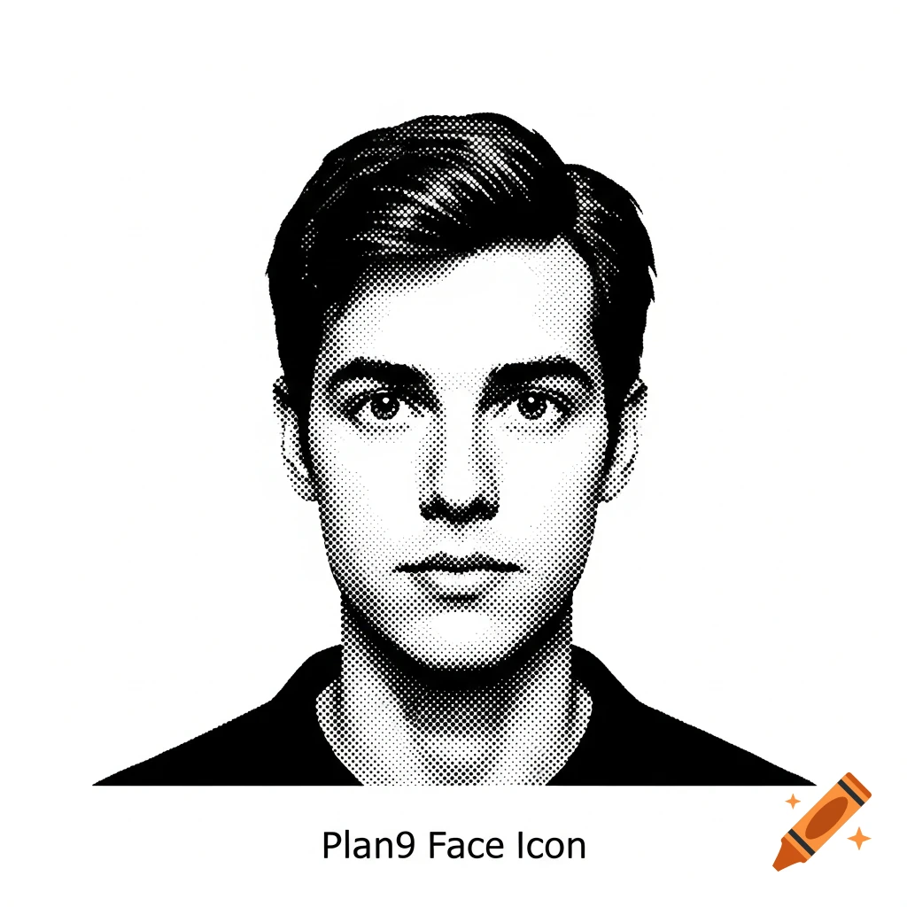 Black and white dithered portrait icon of a man with short hair, looking straight ahead, against a white background.