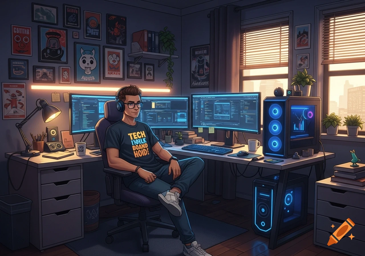 Cartoon man with glasses and headphones sitting in a home office with multiple monitors and computer towers, city visible outside the windows.