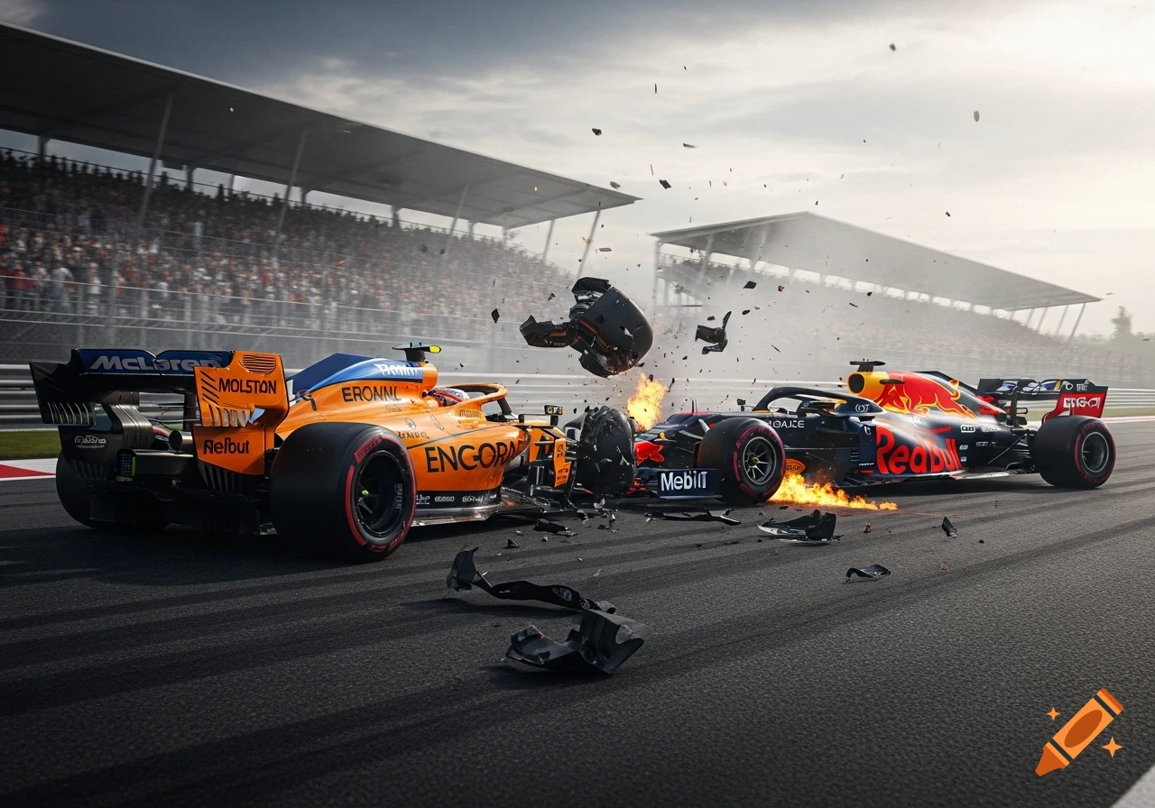 Photorealistic image of an orange McLaren Formula 1 car colliding with a black and red Red Bull F1 car on a race track, amidst flying debris and fire.