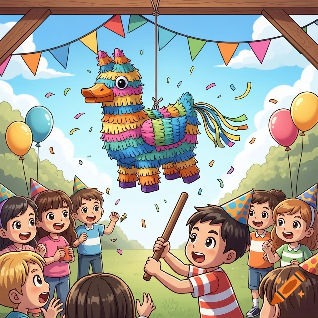 A cartoon drawing of children celebrating outdoors. A boy in a striped shirt hits a colorful duck pi denata with a stick while other kids watch.