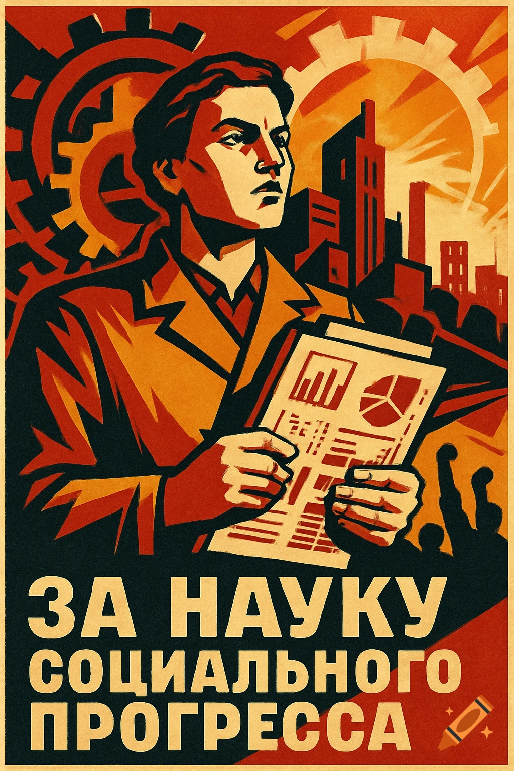 Soviet propaganda poster depicting a researcher holding charts, with gears, city buildings, and text 'FOR THE SCIENCE OF SOCIAL PROGRESS' in Cyrillic.