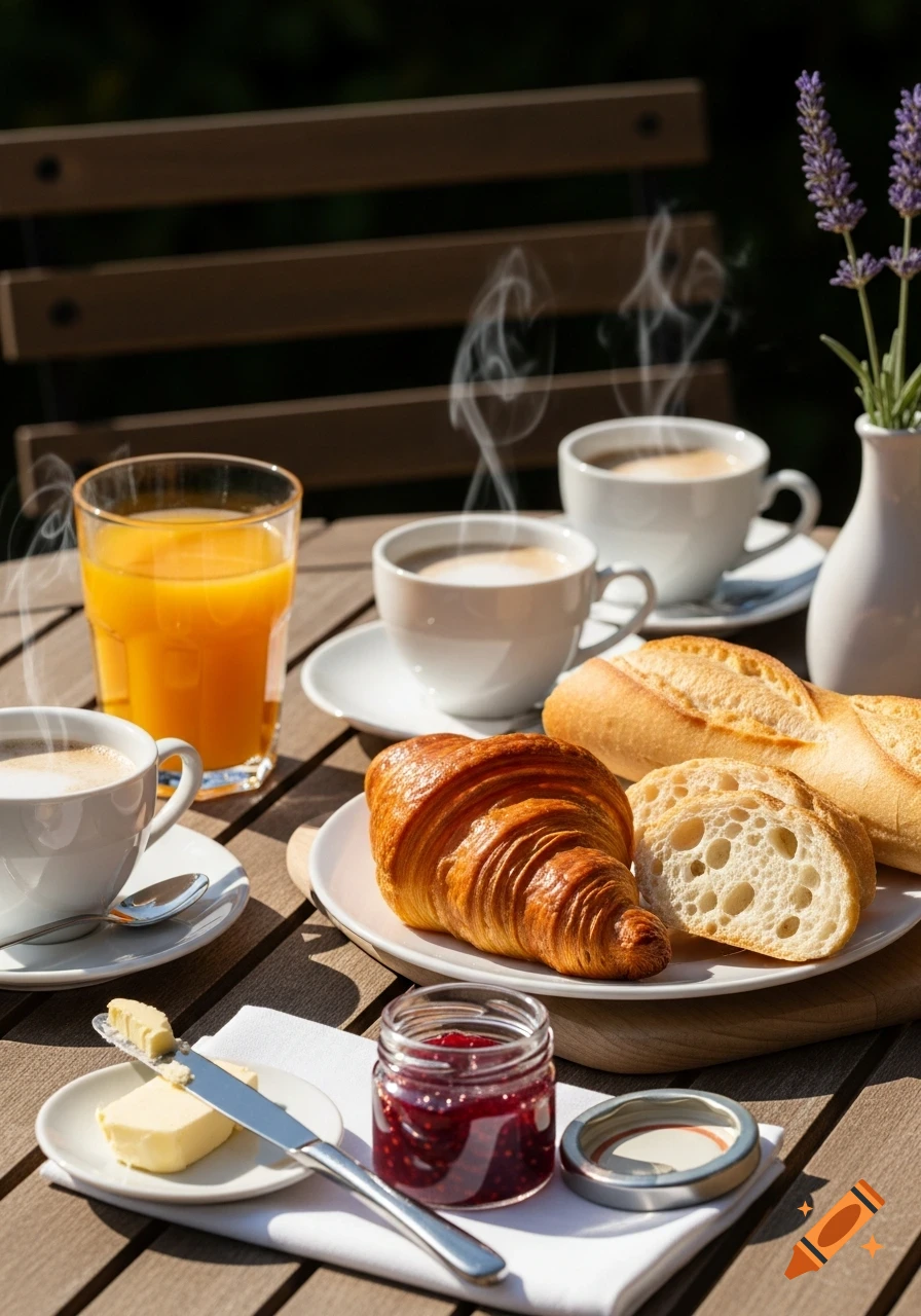 Photorealistic French breakfast with steaming coffee, orange juice, a croissant, sliced baguette, butter, and jam on an outdoor wooden table in sunlight.