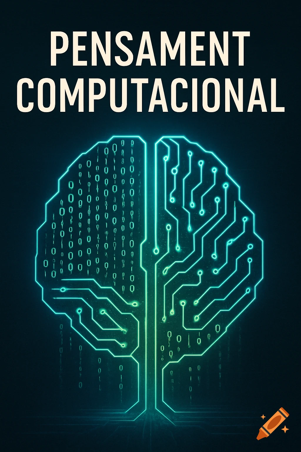 Digital illustration of a glowing circuit board brain with binary code, titled 'PENSAMENT COMPUTACIONAL', on a dark background.