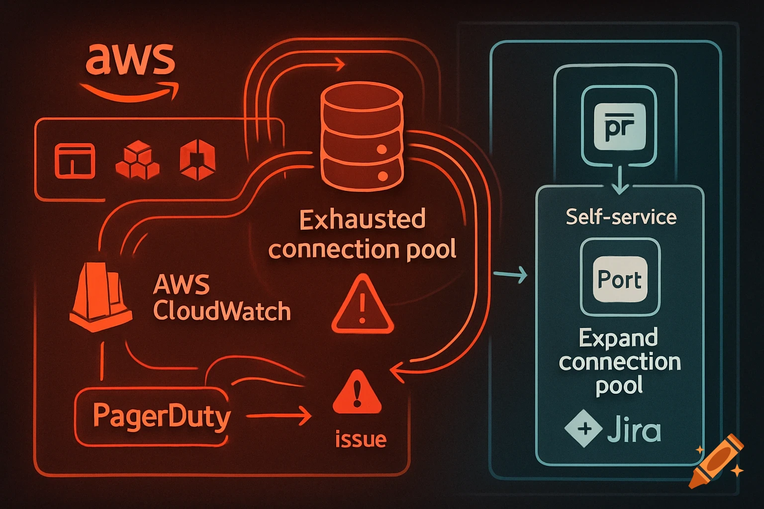 An architecture diagram shows AWS services like CloudWatch alerting PagerDuty about an exhausted connection pool, leading to a self-service action in Port to expand the pool and create a Jira incident.