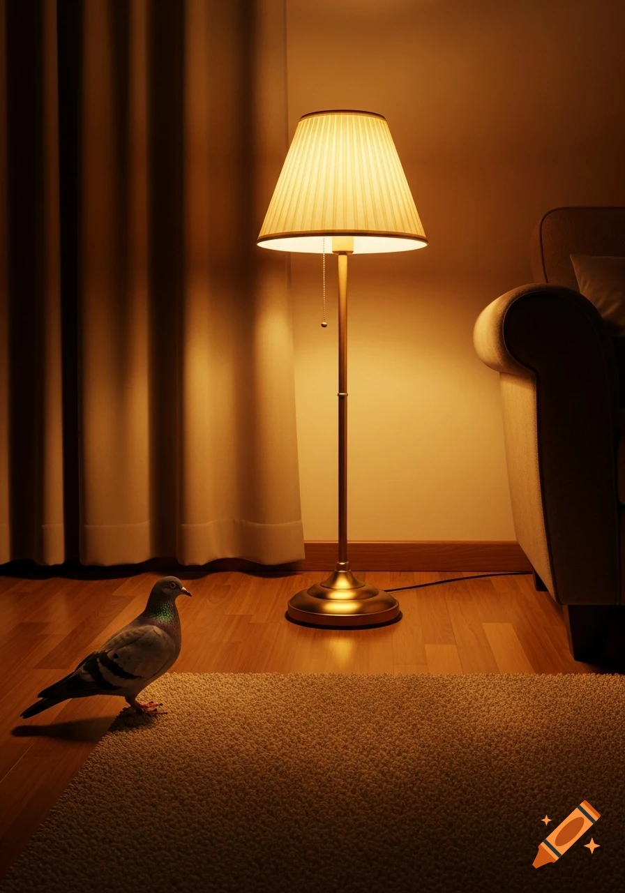A photorealistic image of a pigeon on a beige carpet in a warm-lit room with a standing lamp, wooden floor, and curtains.