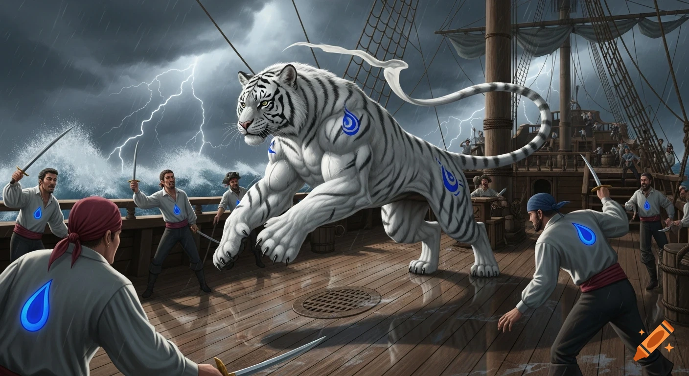 A powerful white tiger with blue symbols attacks pirates on a stormy ship deck under lightning. Realistic fantasy artwork.