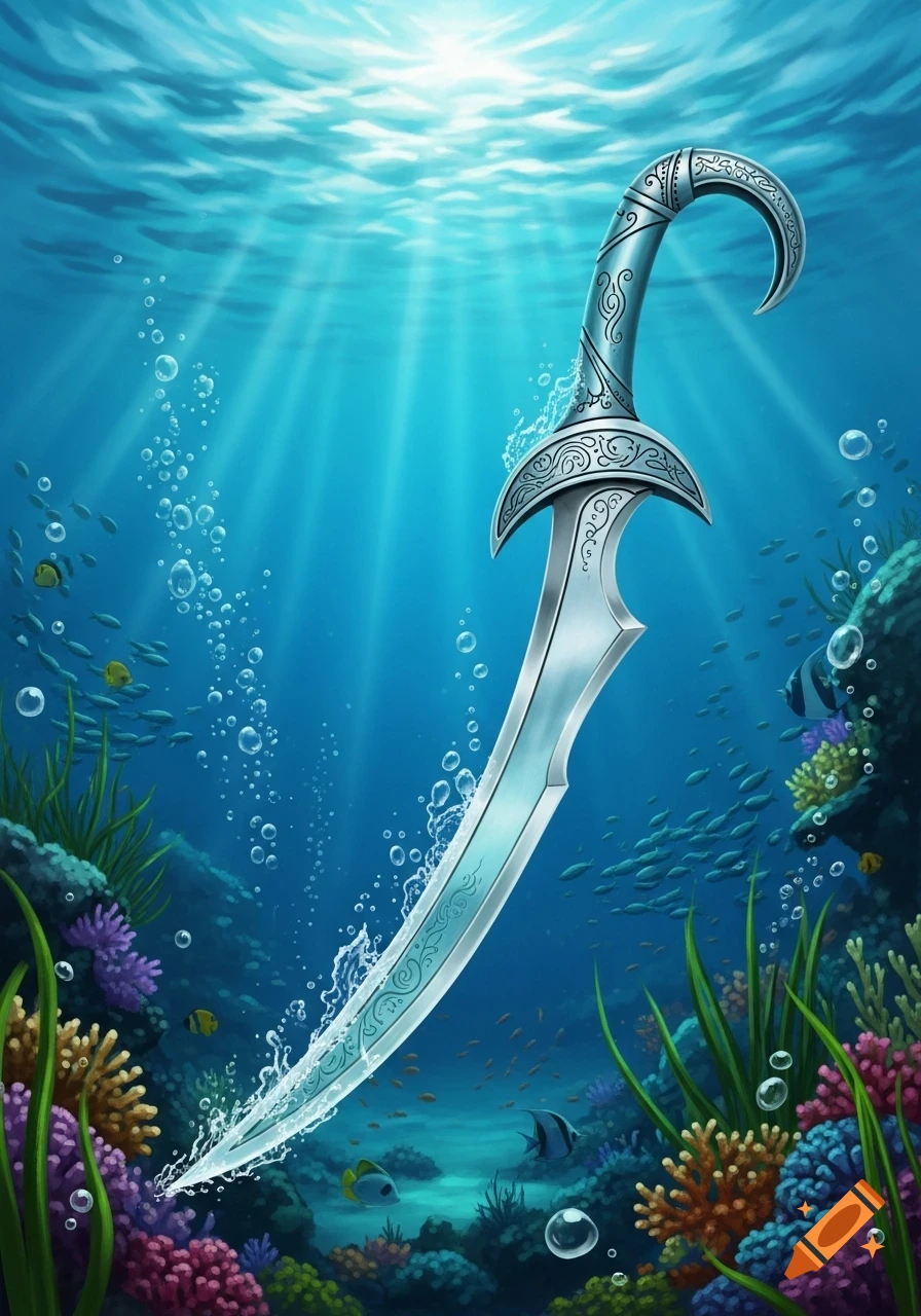 A stylized silver sword with an ornate curved hilt stands upright in a vibrant coral reef, surrounded by fish and sunlight filtering through blue water.