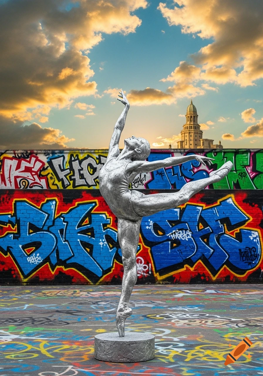 A silver-colored statue of a ballerina in an arabesque pose, set against a vibrant graffiti-covered wall and ground, with a classical building under a cloudy sky.