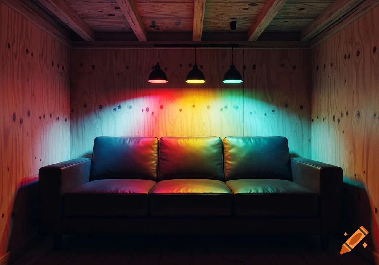 A dark room with plywood walls and a leather couch illuminated by red, yellow, and cyan rainbow lighting from three pendant lamps.