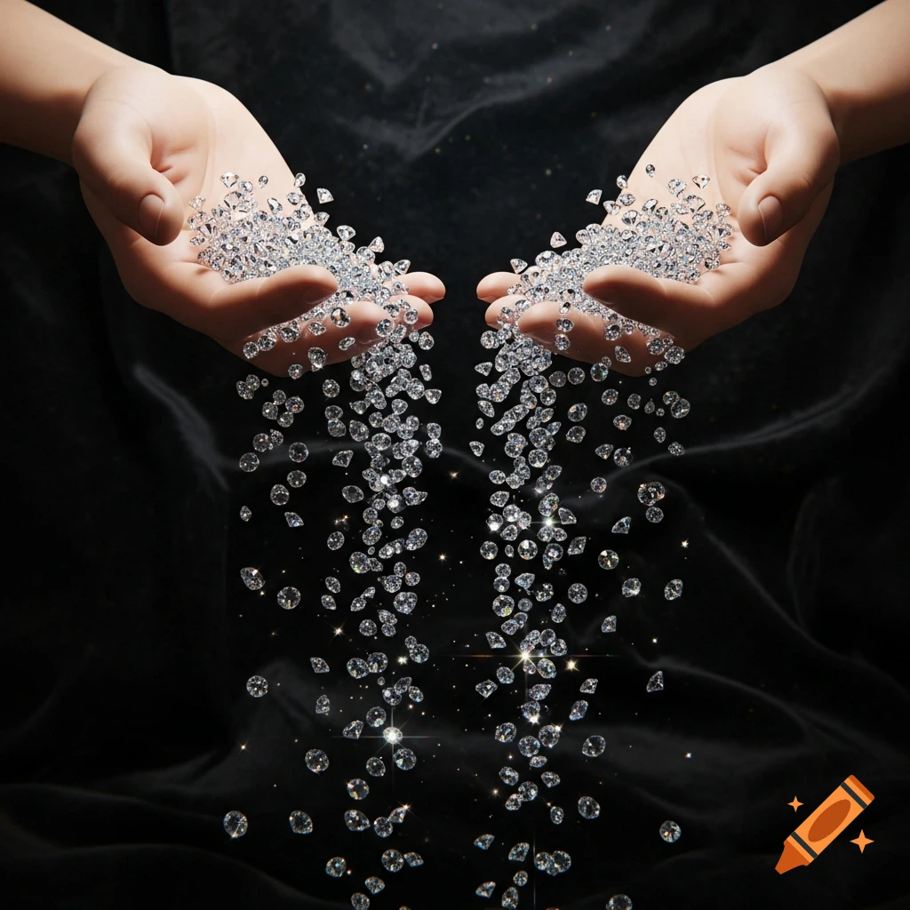 Two hands spilling a cascade of sparkling diamonds onto a dark, glistening surface.