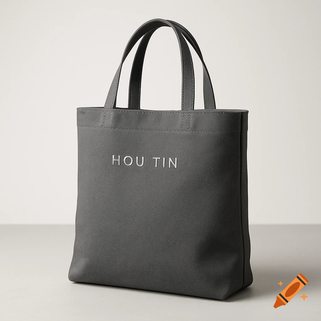 A dark grey tote bag with "HOU TIN" in silver lettering, against a plain white background.