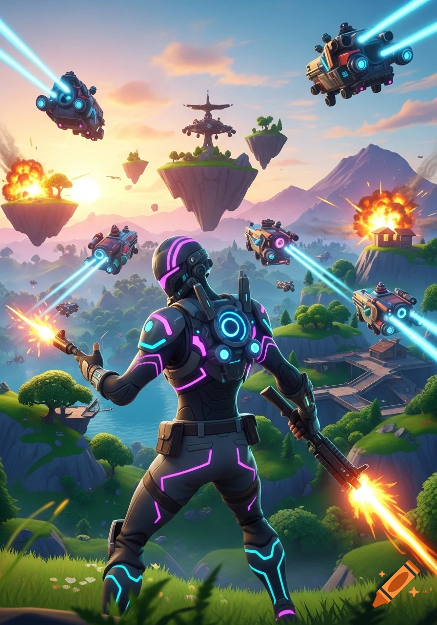 A futuristic warrior in a neon-accented suit stands amidst a battle, with flying vehicles, explosions, and floating islands at sunset.