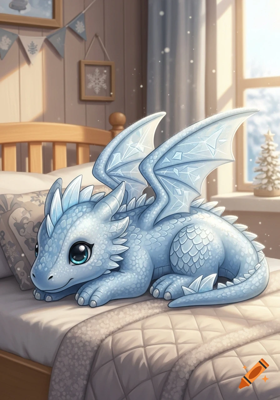 A cute blue icewing dragon plushie with big eyes lies on a quilted bed in a cozy bedroom decorated with snowflakes.