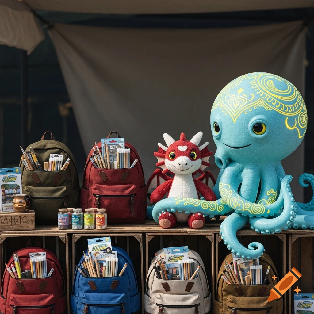 A market stand displays a large blue octopus toy, a red dragon toy, and multiple backpacks filled with art supplies.
