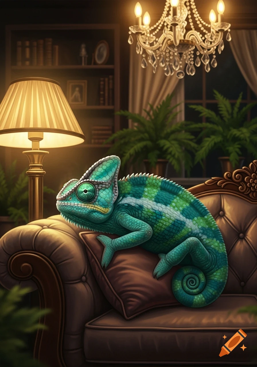 A vibrant green and blue chameleon sits on a brown leather couch in a dimly lit room with a lamp and chandelier.
