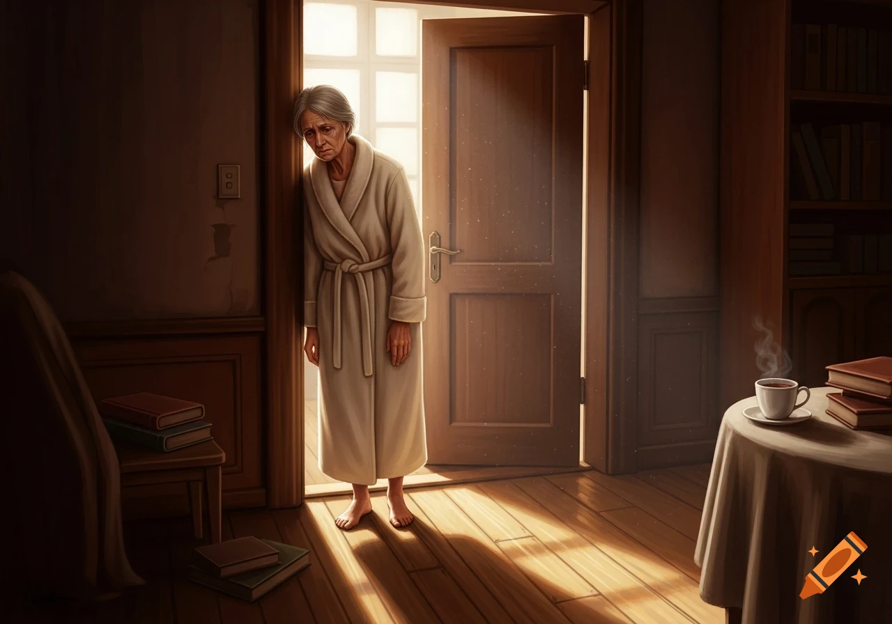 An elderly woman in a beige robe leans on a sunlit doorpost, looking worried in a dimly lit room with books and a steaming cup.