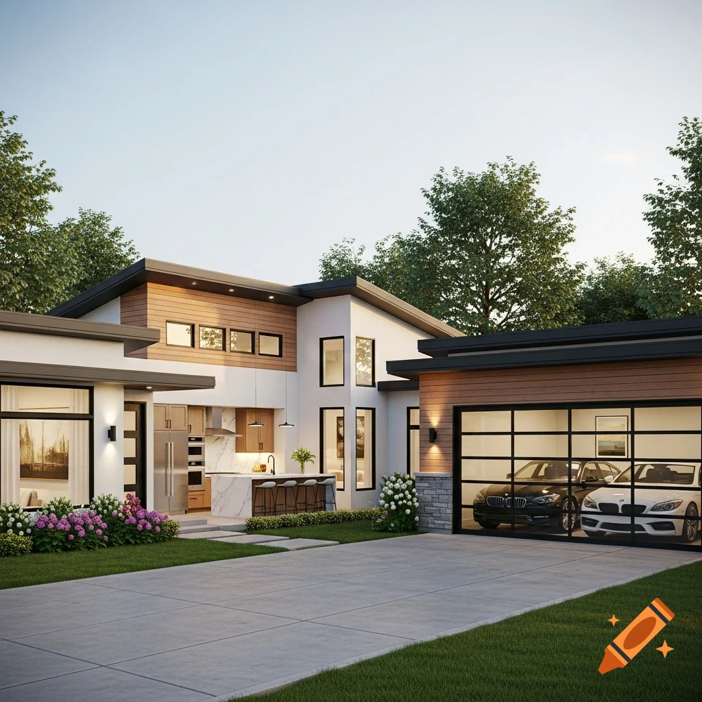 Photorealistic 3D render of a modern house with a visible kitchen, a two-car garage, driveway, and landscaping.