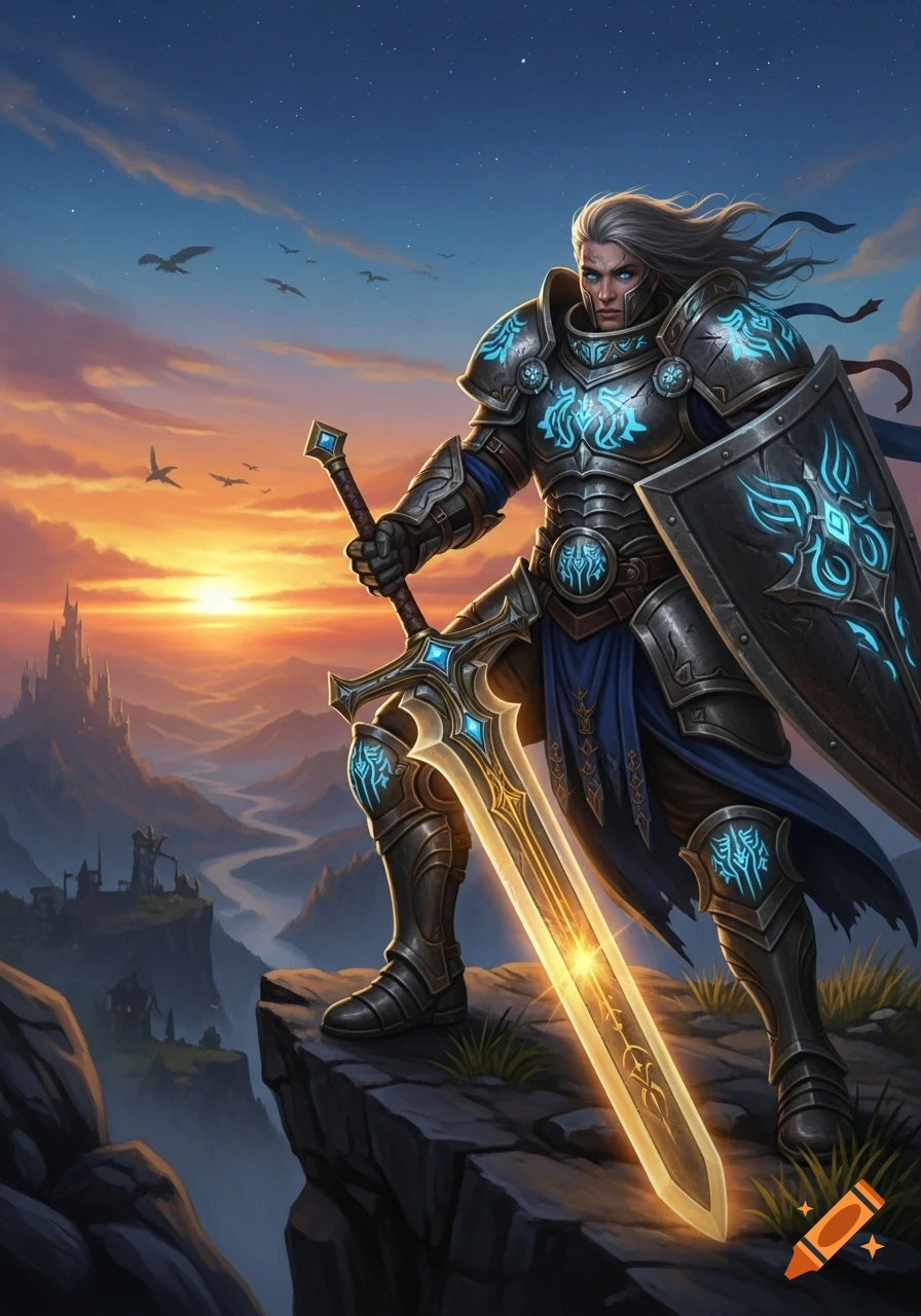 A fantasy knight in glowing armor with a radiant sword and shield stands on a cliff overlooking a sunset landscape.