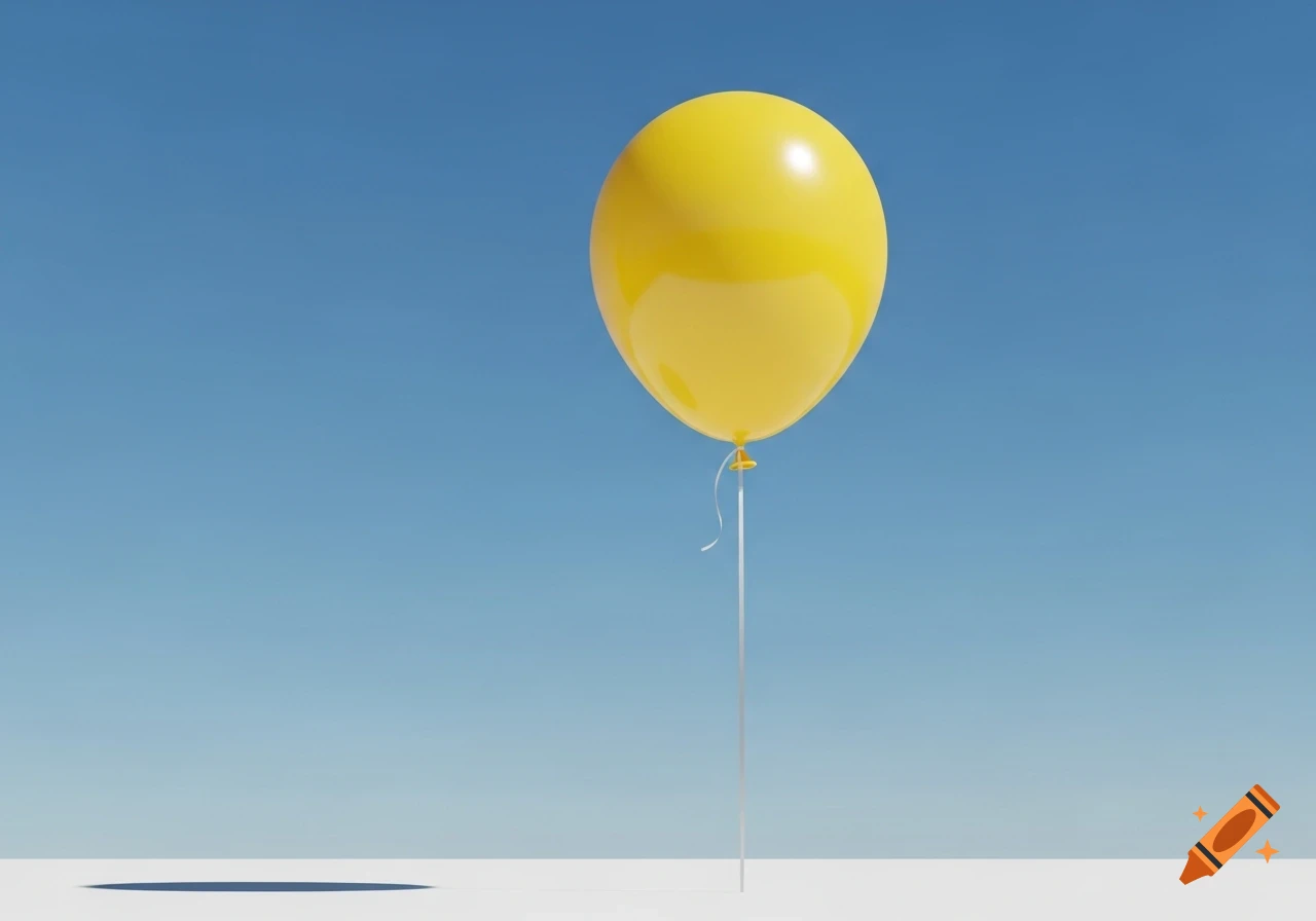 A vibrant yellow balloon floats in the center against a clear blue sky, with a subtle shadow on a white ground below.